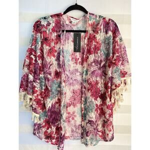 NWT Closetrix Pink Floral Lace Tassel Sleeve Kimono Size S/M